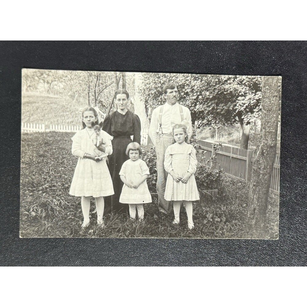 Antique RPPC Family Portrait‎ w/ Children & Dog Early 1900s Real Photo Postcard